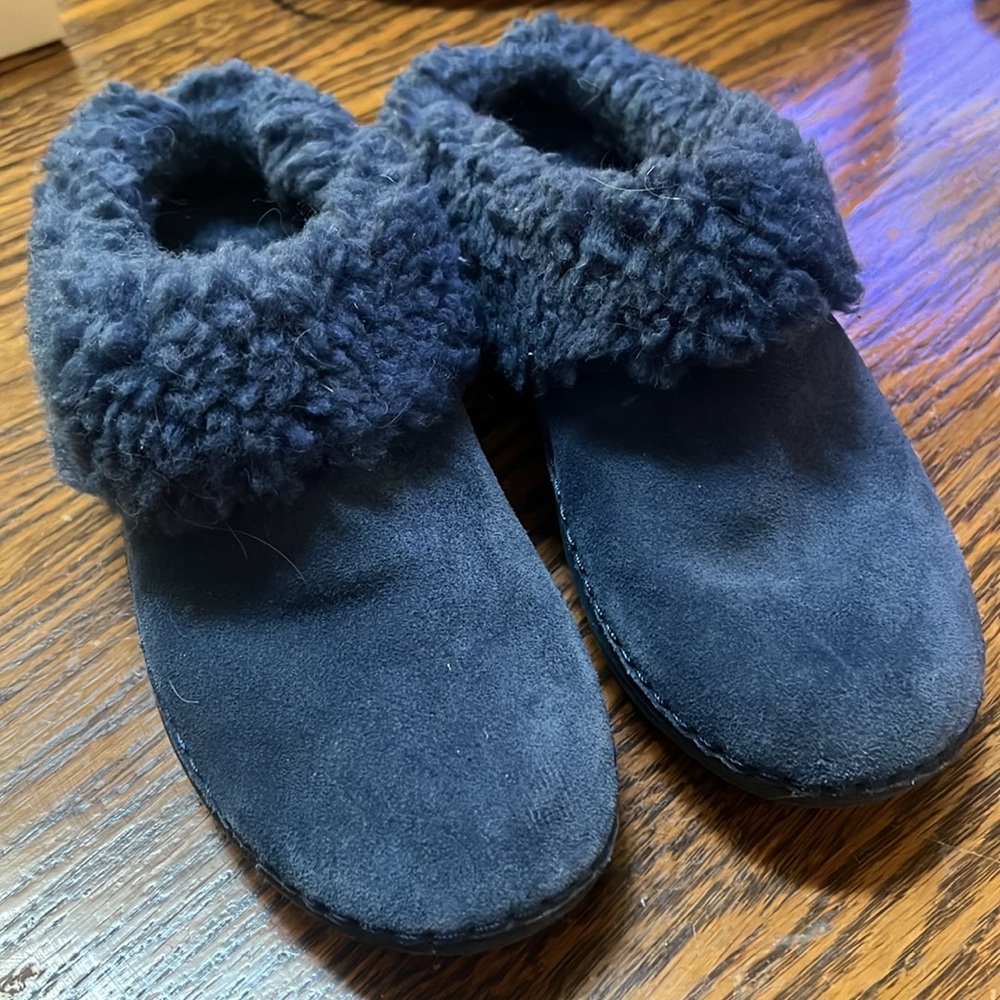 Fitflop Women's Loaff Snug Slipper Size 7 Blue Suede Faux Fur Mule Slip On Shoe
